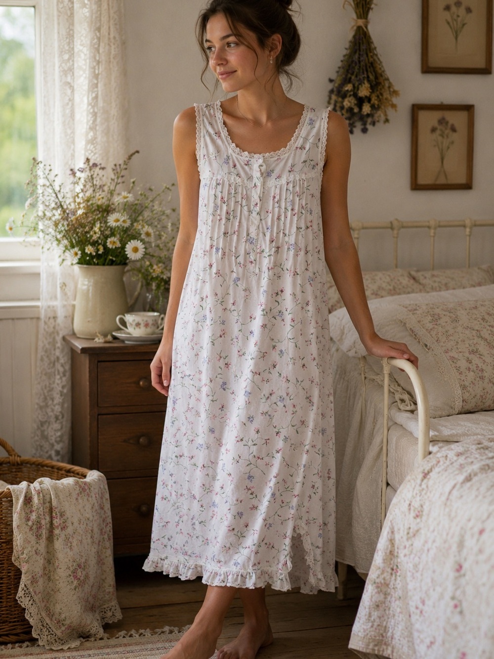 Vintage 90s Carriage Court Women's Large Cottage Shabby Chic Floral Nightgown